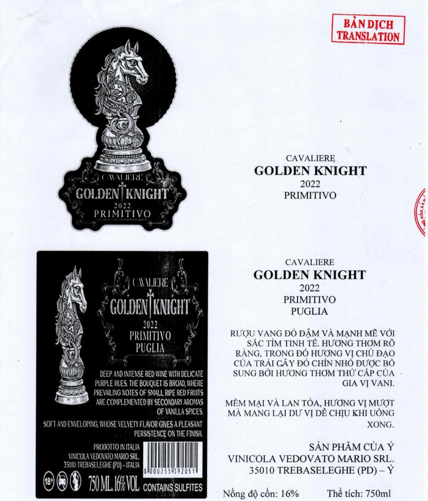 Rượu Vang Đỏ Ý Golden Knight Primitivo 16%